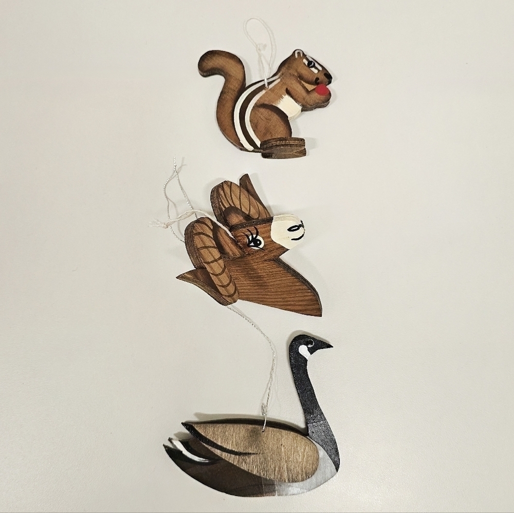 Vintage & Rare Jack Lodge "Whistlin" Wooden Chipmunk, Ram, & Goose Ornaments